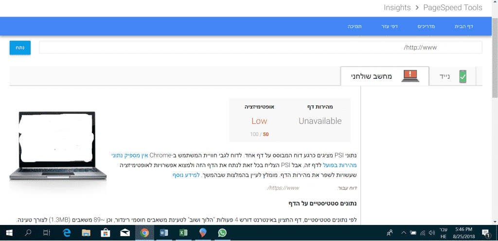 דוגמא לניתוח אתר ב-pagespeed insights. ניתן לראות כי אתר זה קיבל ציון 50 מתוך 100 ולכן ניתן לשפר בו פרמטרים רבים בכדי לשדרג את הביצועים של קמפיין פרסום בגוגל.