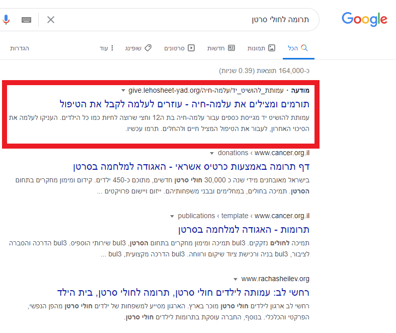 צילום מסך של מודעה בגוגל